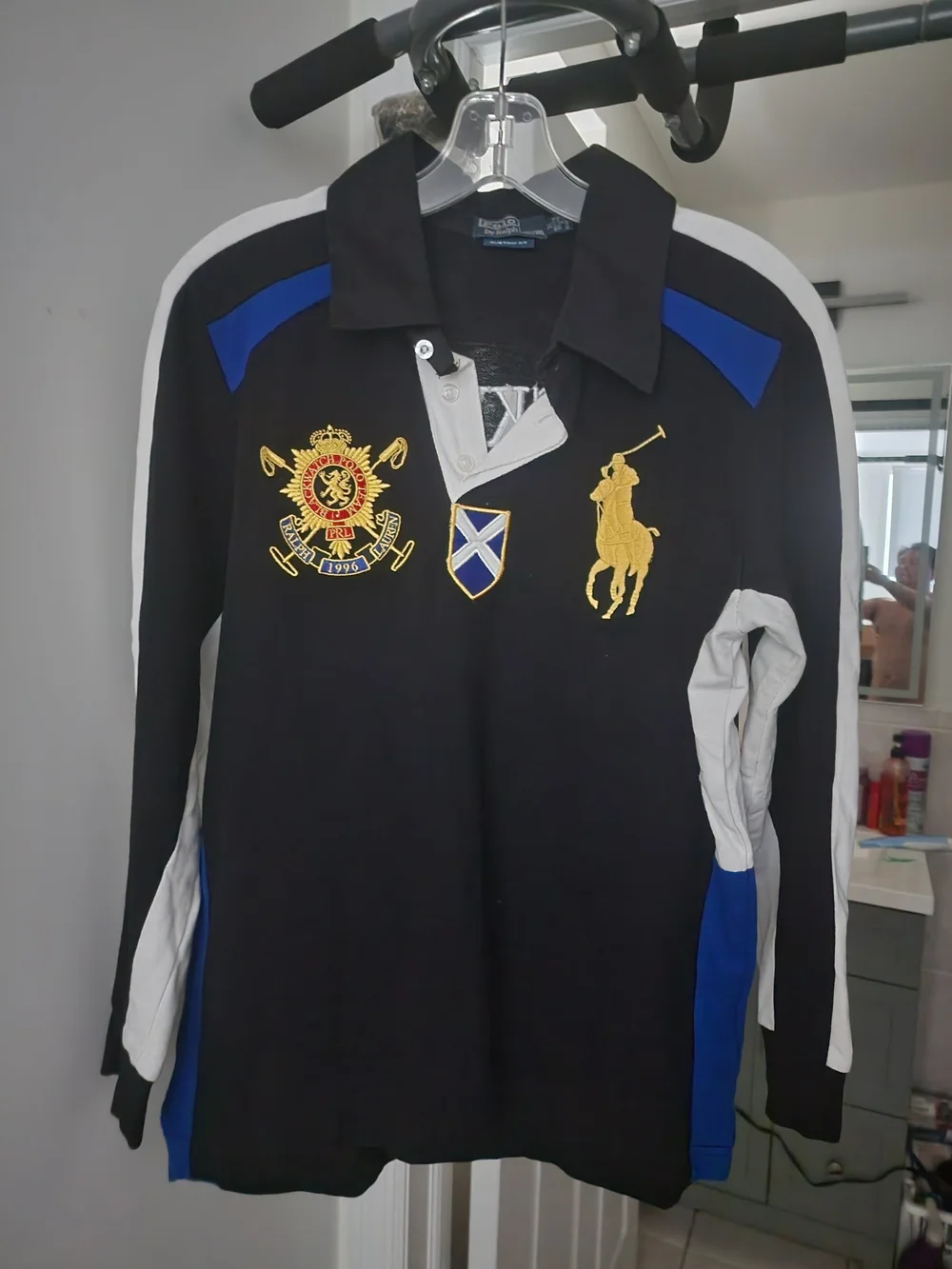 Ralph Lauren Black and Blue Long-Sleeve Rugby Polo with Gold Crest